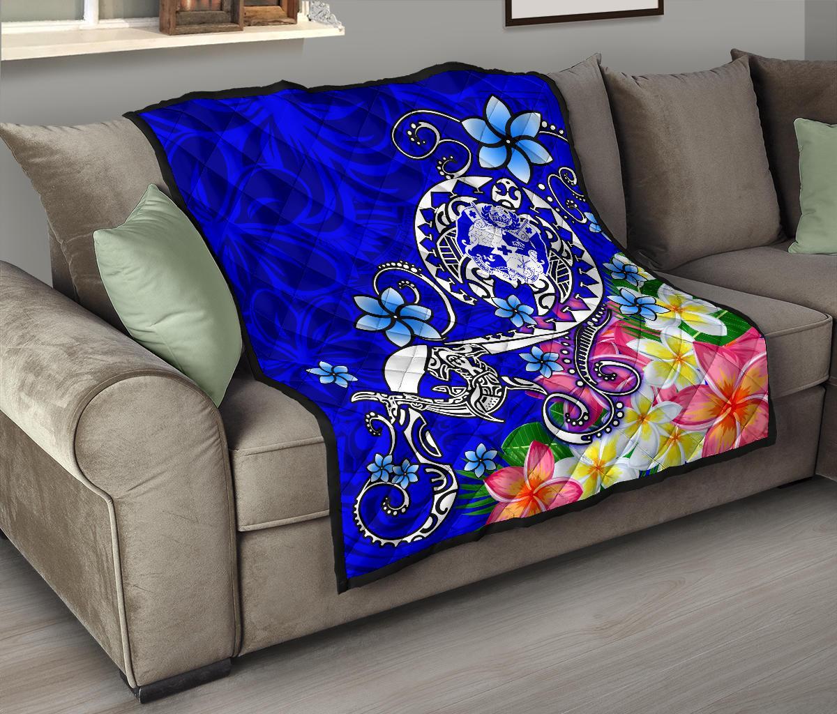 Tonga Premium Quilt - Turtle Plumeria (Blue) - Polynesian Pride