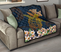 Hawaii Turtle Plumeria Polynesian Kanaka Map - Blue Style - Premium Quilt AH - Polynesian Pride