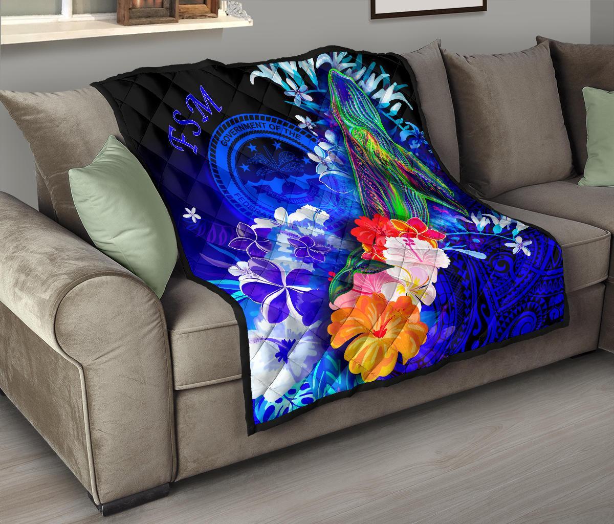 Federated States of Micronesia Premium Quilts - Humpback Whale with Tropical Flowers (Blue) - Polynesian Pride