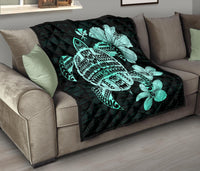 Hawaiian Kanaka Hibiscus Plumeria Mix Polynesian Turtle Premium Quilt Turquoise AH - Polynesian Pride