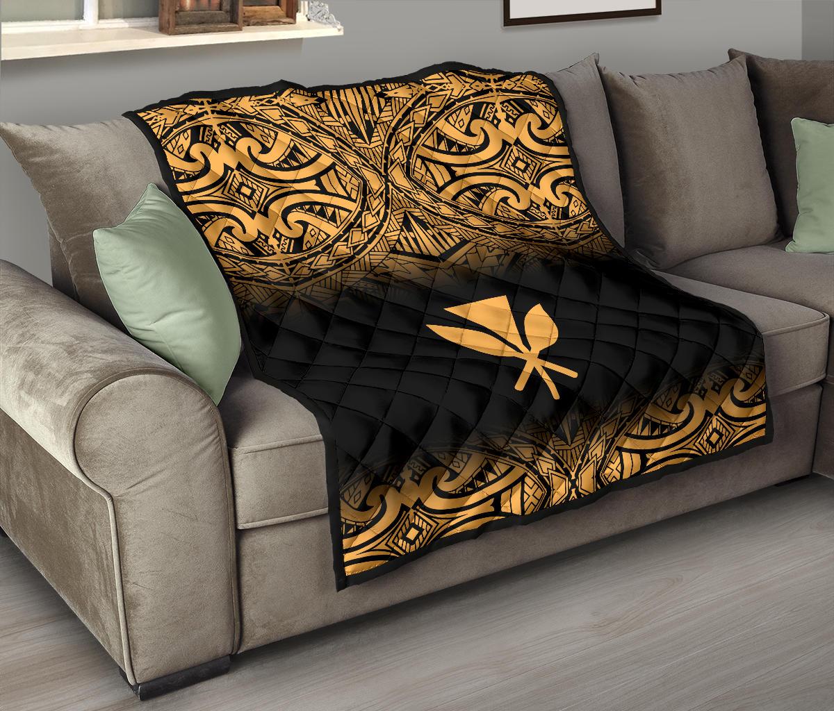 Hawaii Premium Quilt - Gold Kanaka Maoli Polynesian Tattoo & Black Frog - Polynesian Pride