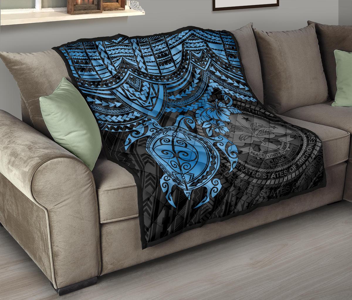 Federated States Of Micronesia Premium Quilt - Federated States Of Micronesia Seal & Blue Turtle Hibiscus BLUE - Polynesian Pride