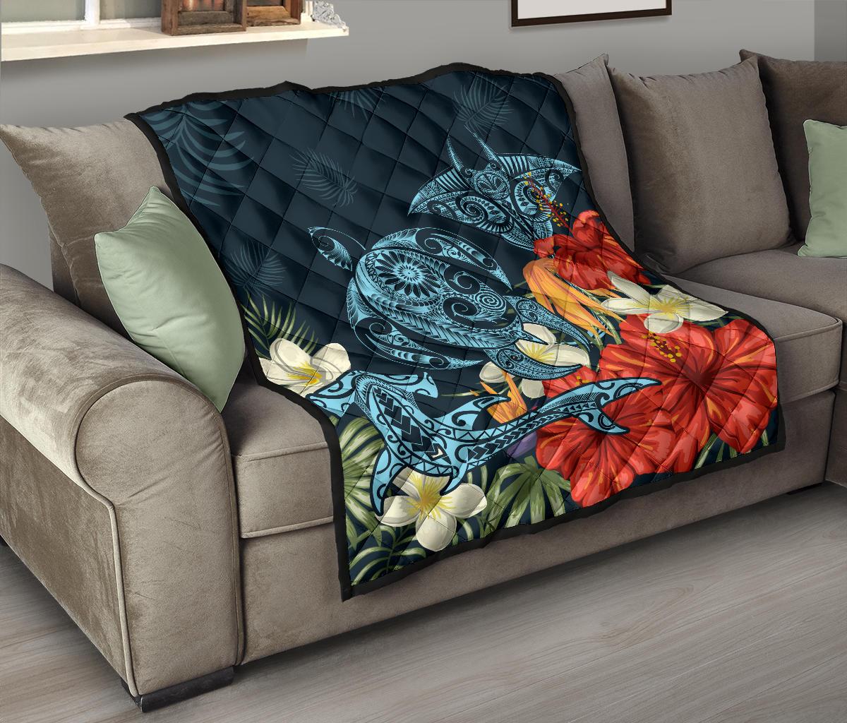 Hawaii Turtle Shark Manta Ray Hibiscus Plumeria Premium Quilt - Polynesian Pride