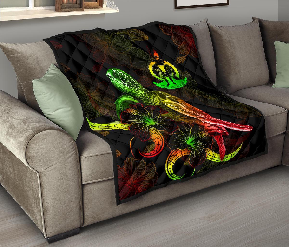 Vanuatu Polynesian Premium Quilt - Turtle With Blooming Hibiscus Reggae - Polynesian Pride