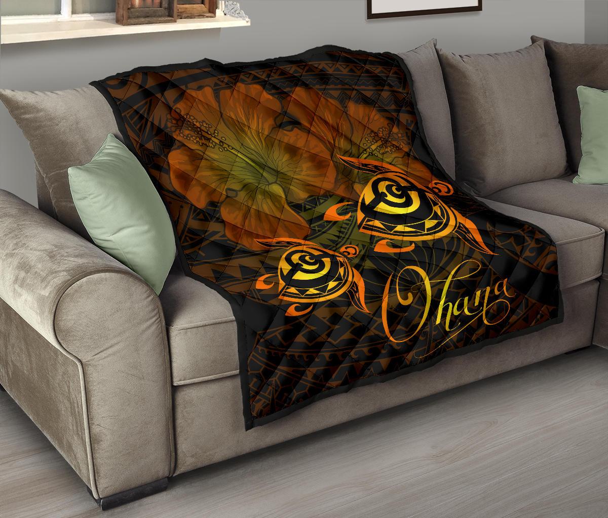 Hawaii Turtle Ohana Hibiscus Poly Premium Quilt Yellow - Polynesian Pride