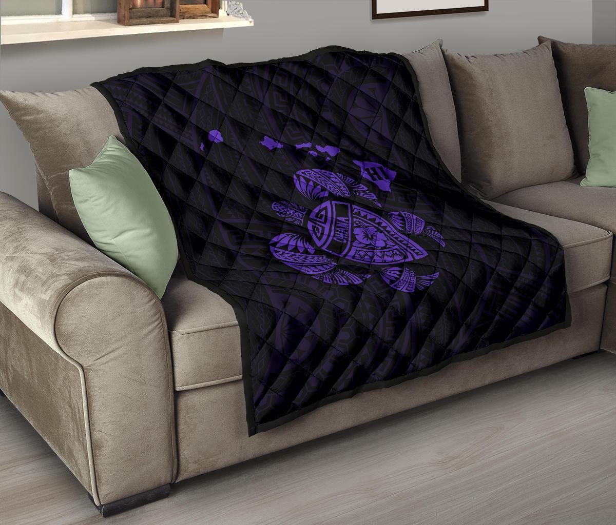 Hawaii Turtle Hibicus Map Premium Quilt - Purple - Polynesian Pride