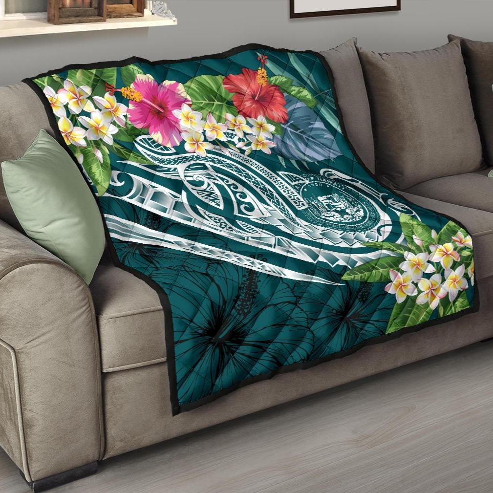 Polynesian Hawaii Premium Quilt - Summer Plumeria Blue - Polynesian Pride