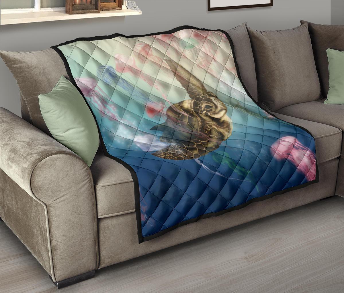 Hawaii Turtle And Jellyfish In Deep Sea Moana Premium Quilt - Polynesian Pride