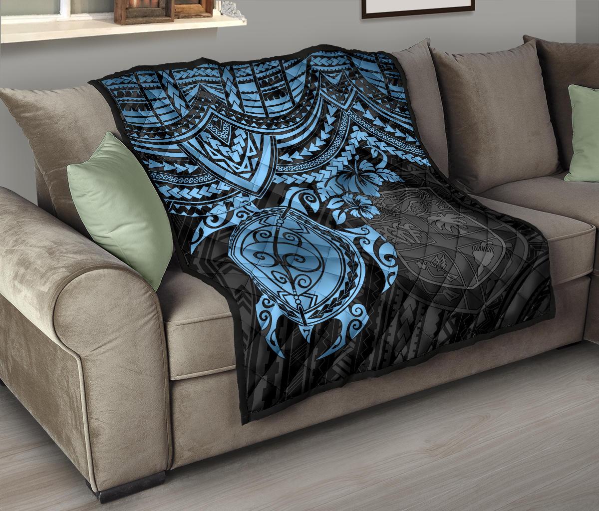 Fiji Polynesian Premium Quilt - Fiji Flag & Blue Turtle Hibiscus - Polynesian Pride