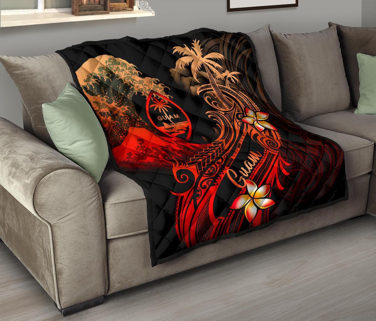 Guam Polynesian Premium Quilt - Plumeria Flowers And Waves - Polynesian Pride