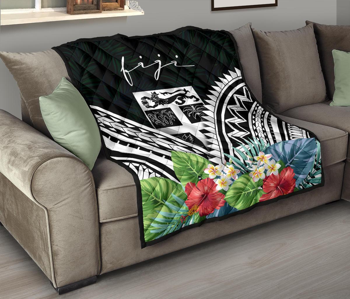 Fiji Premium Quilt - Fiji Coat of Arms & Polynesian Tropical Flowers White - Polynesian Pride