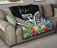 Fiji Premium Quilt - Fiji Coat of Arms & Polynesian Tropical Flowers White - Polynesian Pride