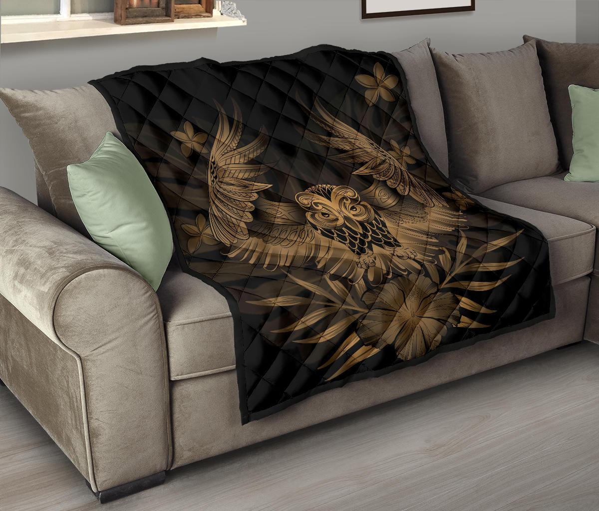 Hawaii Owl Hibiscus Plumeria Premium Quilt - Gold - Polynesian Pride