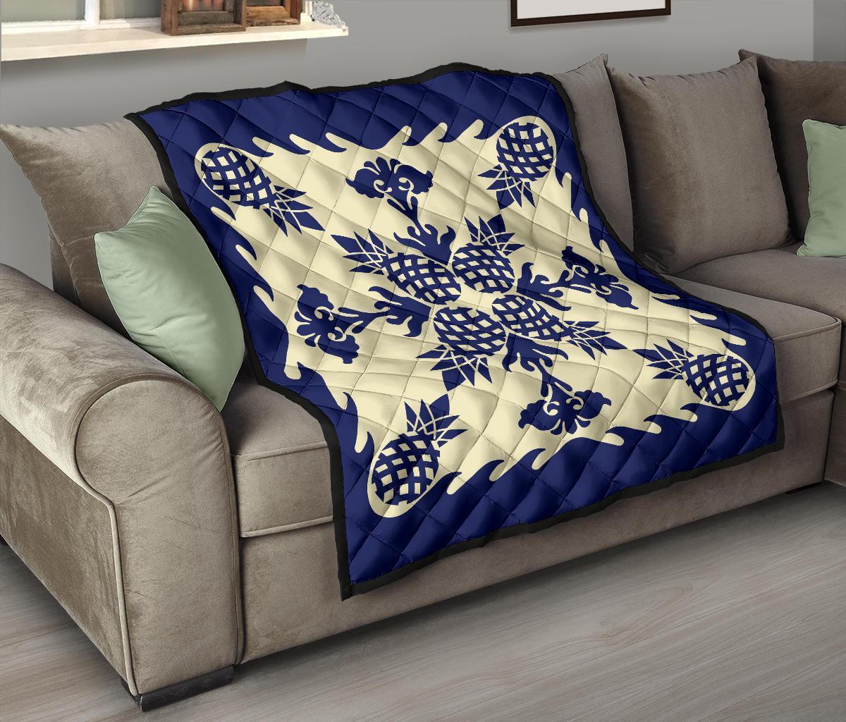 Hawaiian Pineapple Pattern Premium Quilt - Blue - Argu Style - AH - Polynesian Pride