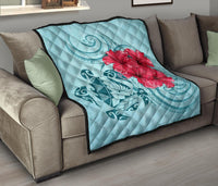 Hawaii Polynesian Turtle Hibiscus Blue Premium Quilt - Bless Style - Polynesian Pride