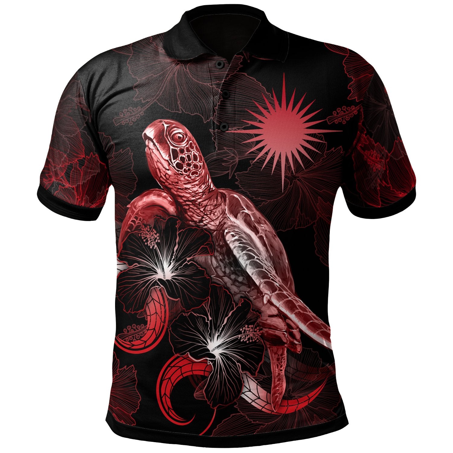 Marshall Islands Polynesian Polo Shirt Turtle With Blooming Hibiscus Red Unisex Red - Polynesian Pride