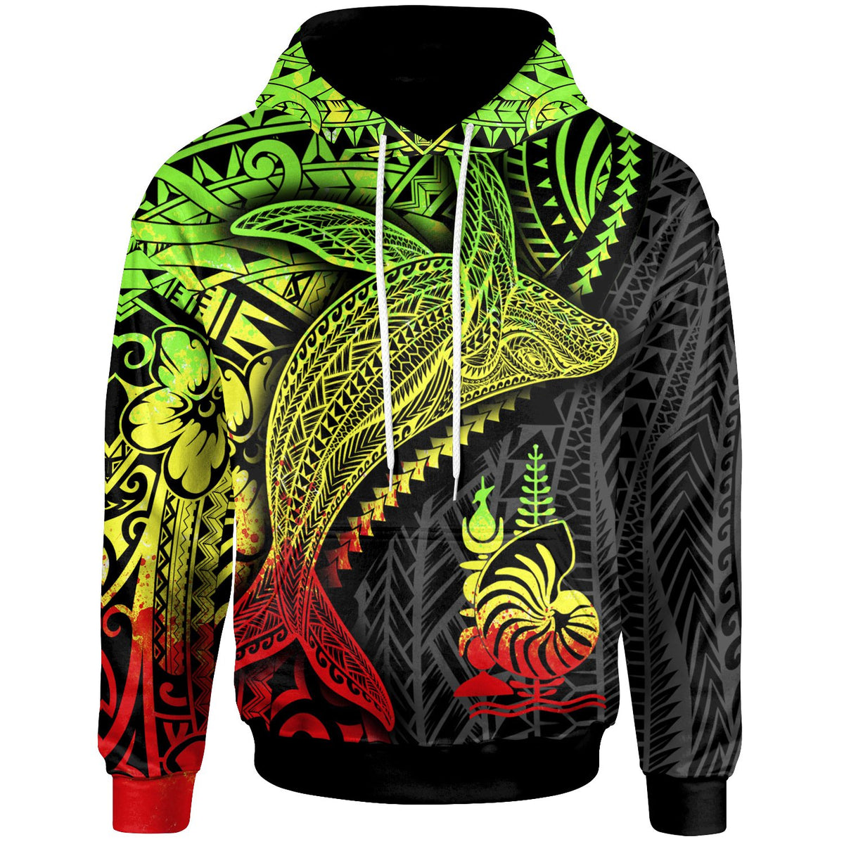 New Caledonia Hoodie Humpback Whale & Coat of Arms Reggae Unisex Reggae - Polynesian Pride