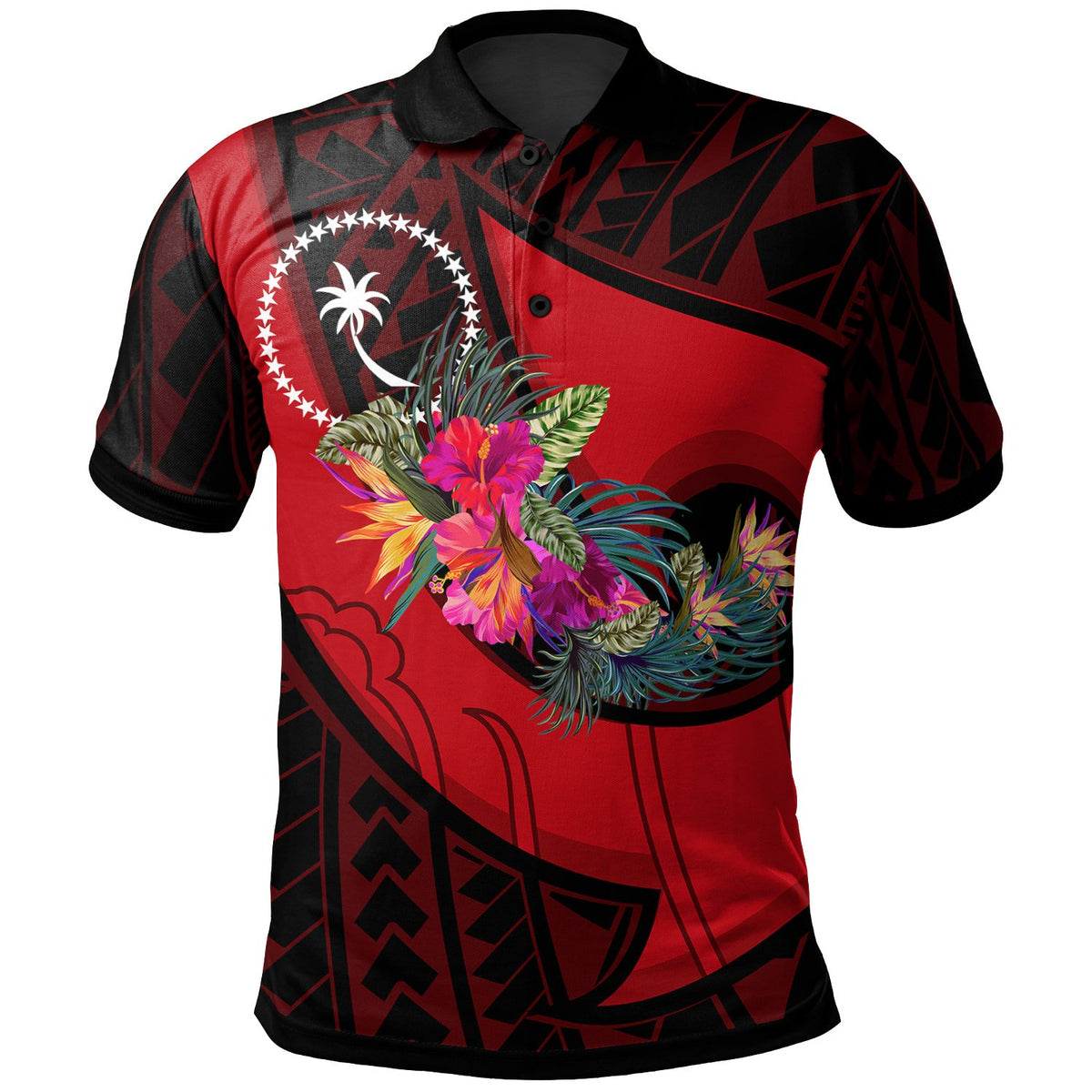 Chuuk Polo Shirt Polynesian Hook and Hibiscus (Red) Unisex Red - Polynesian Pride