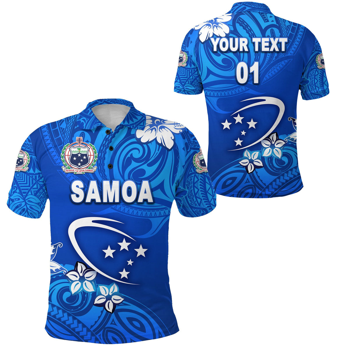 Custom Manu Samoa Rugby Polo Shirt Unique Vibes Full Blue, Custom Text and Number Unisex Blue - Polynesian Pride