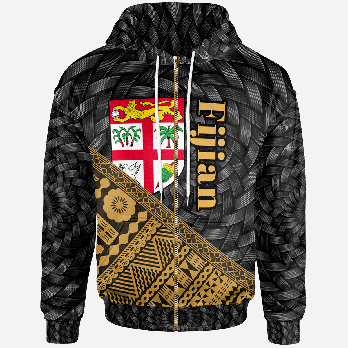 Fiji Zip Hoodie Gold Tapa Patterns With Bamboo Unisex Black - Polynesian Pride