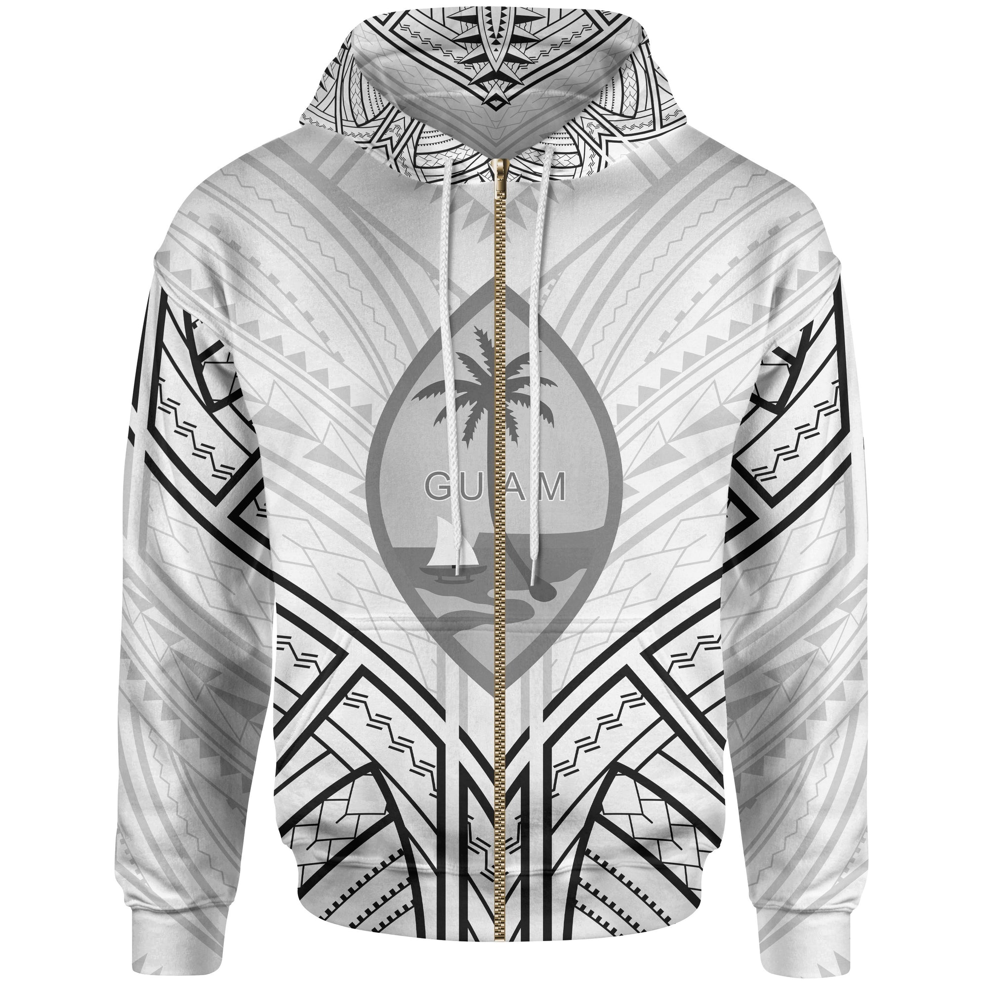Guam Zip Hoodie Guam Seal Tribal Patterns Unisex White - Polynesian Pride