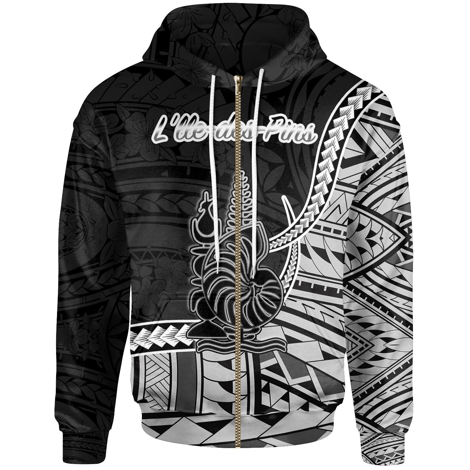 New Caledonia Islands Zip Hoodie Llle des Pins Seal of New Caledonia Polynesian Patterns Unisex Black - Polynesian Pride