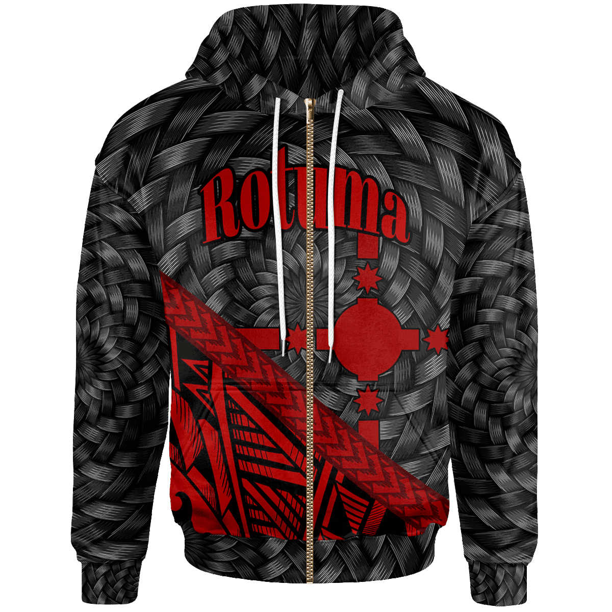 Rotuma Zip Hoodie Red Tapa Patterns With Bamboo Unisex Red - Polynesian Pride