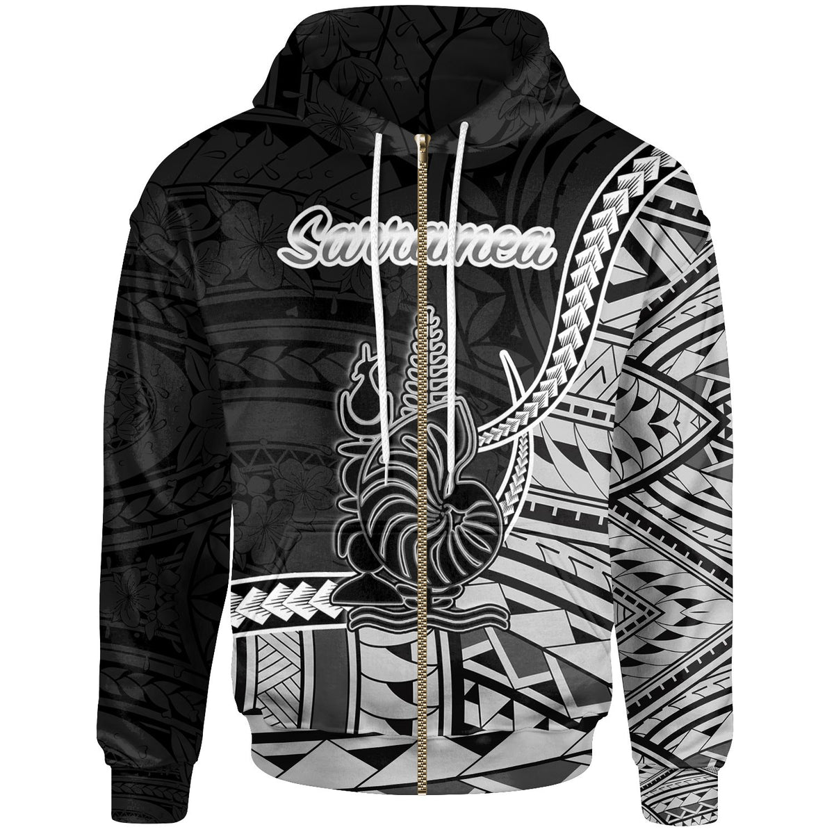 New Caledonia Islands Zip Hoodie Sarramea Seal of New Caledonia Polynesian Patterns Unisex Black - Polynesian Pride