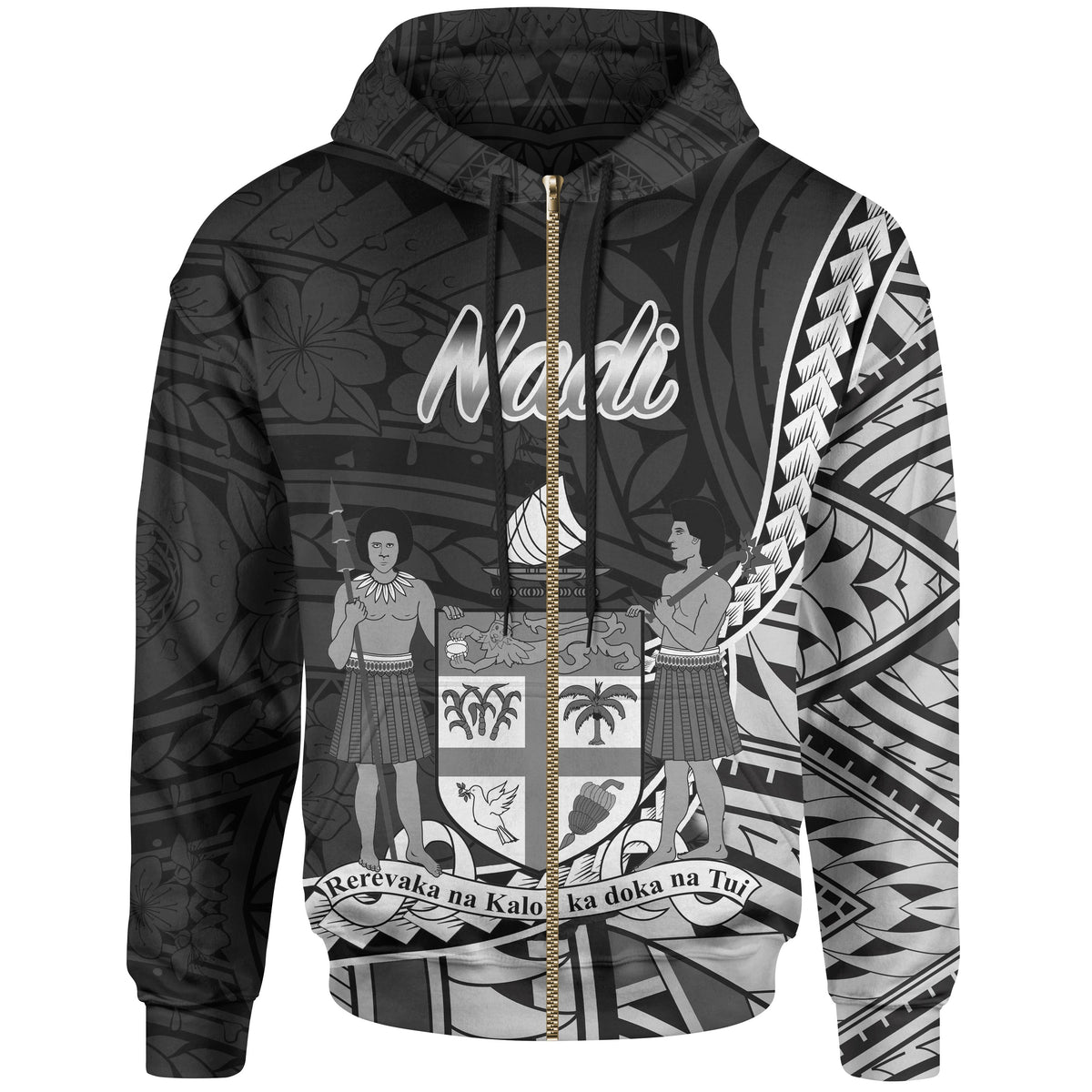 Fiji Zip Hoodie Nadi Seal of Fiji Polynesian Patterns Unisex Black - Polynesian Pride