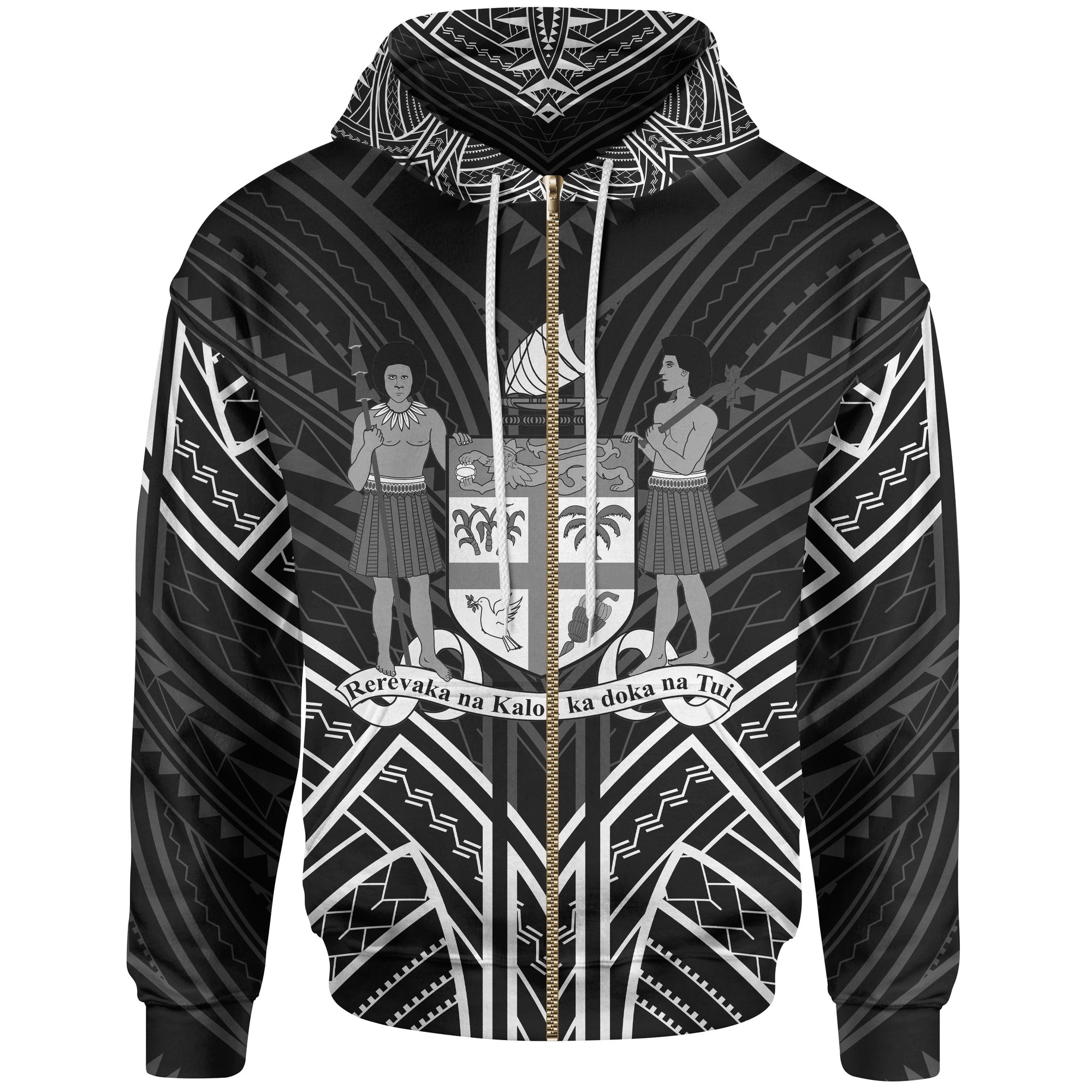 Fiji Zip Hoodie Fiji Seal Black Tribal Patterns Unisex White - Polynesian Pride