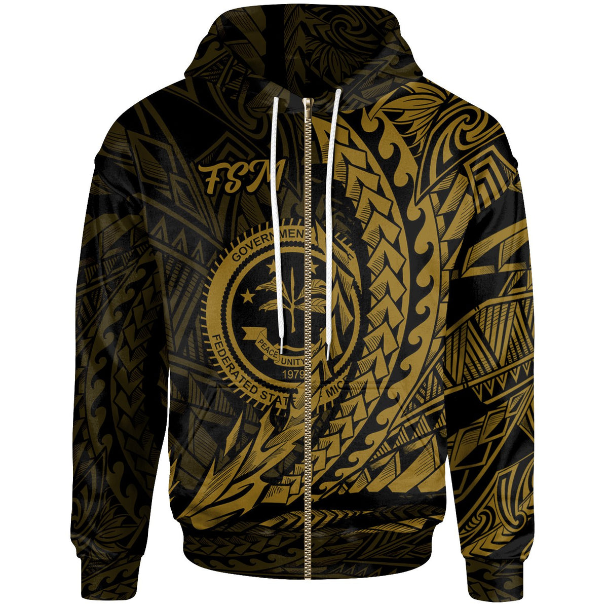 Federated States of Micronesia Zip Hoodie Gold Wings Style Unisex Black - Polynesian Pride