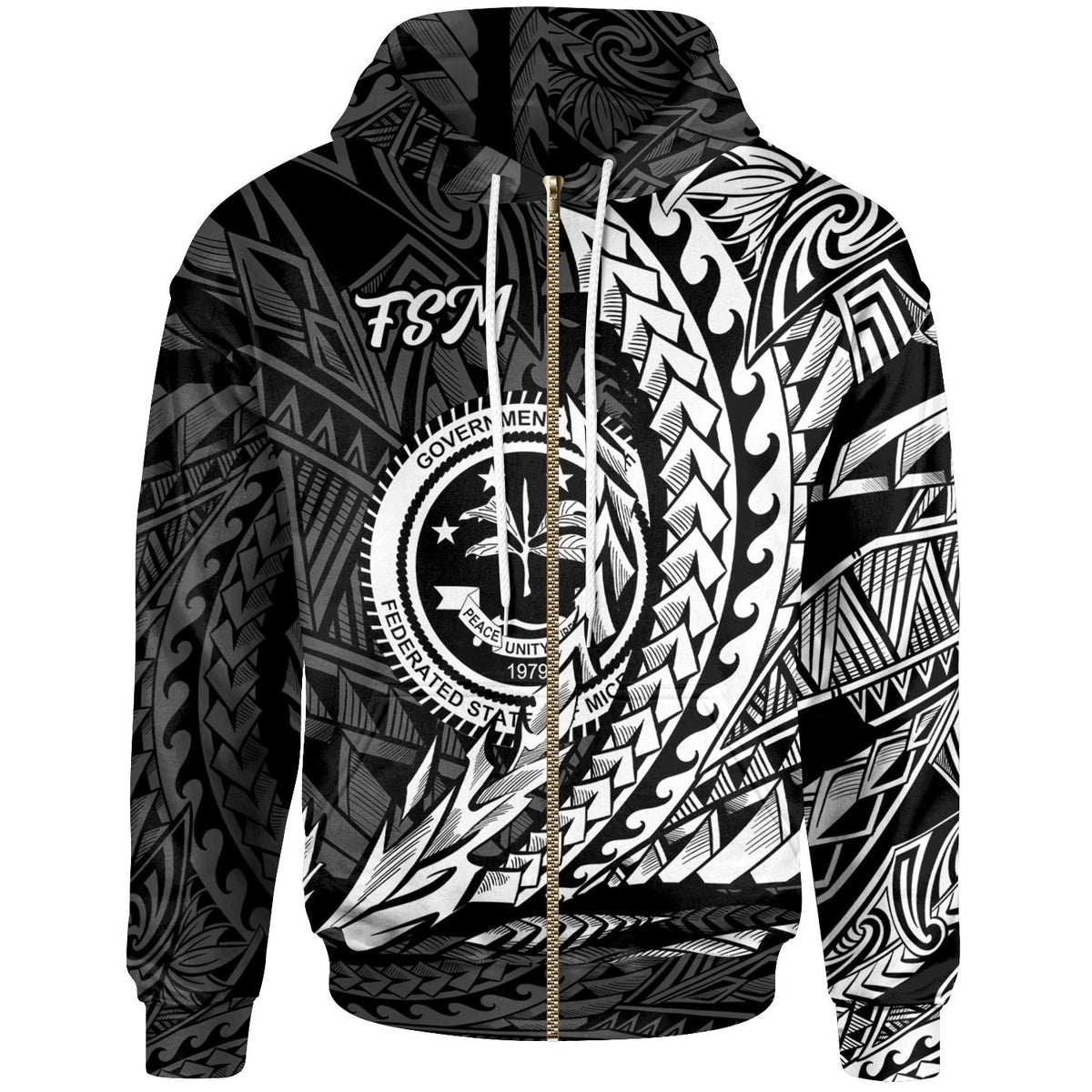 Federated States of Micronesia Zip Hoodie White Wings Style Unisex Black - Polynesian Pride