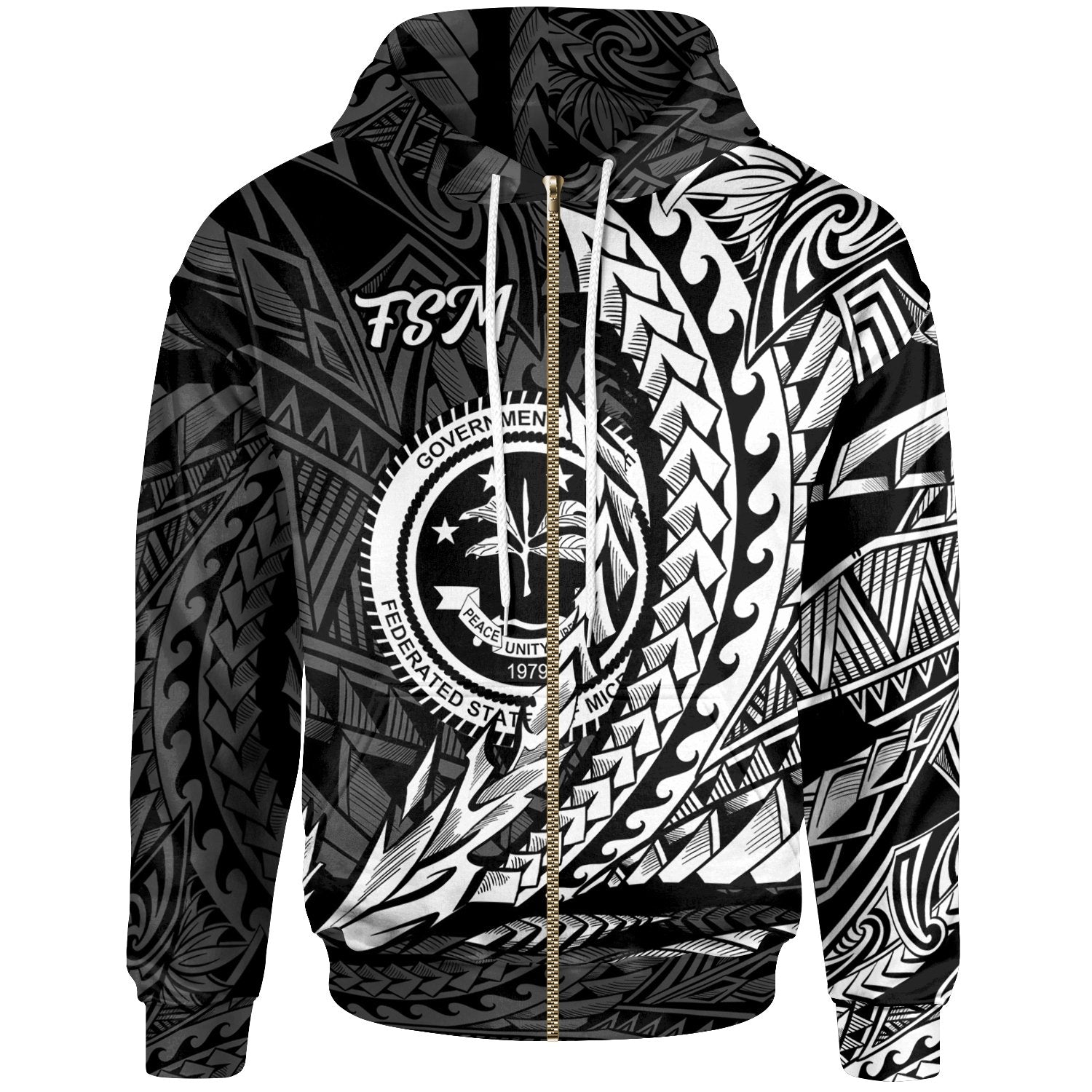 Federated States of Micronesia Zip Hoodie White Wings Style Unisex Black - Polynesian Pride