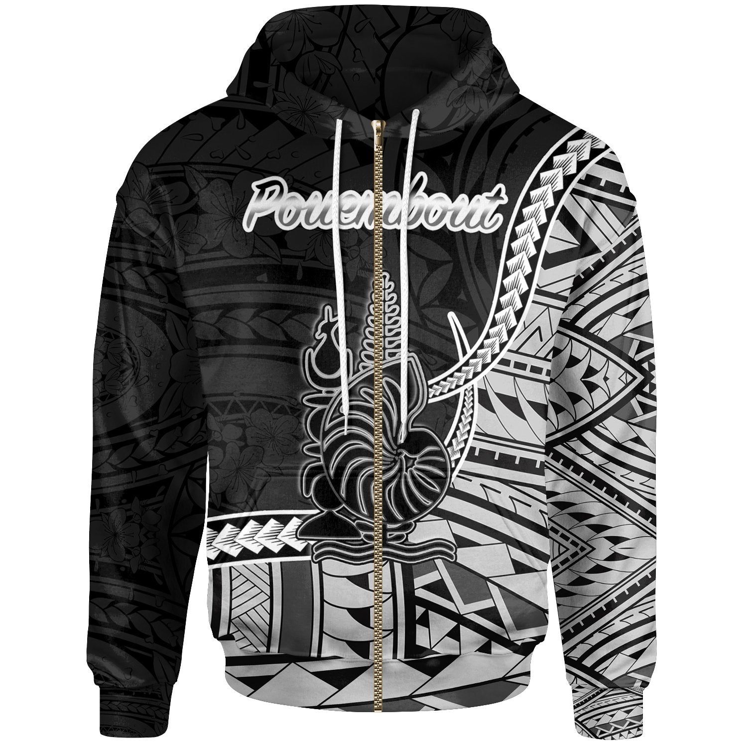 New Caledonia Islands Zip Hoodie Pouembout Seal of New Caledonia Polynesian Patterns Unisex Black - Polynesian Pride