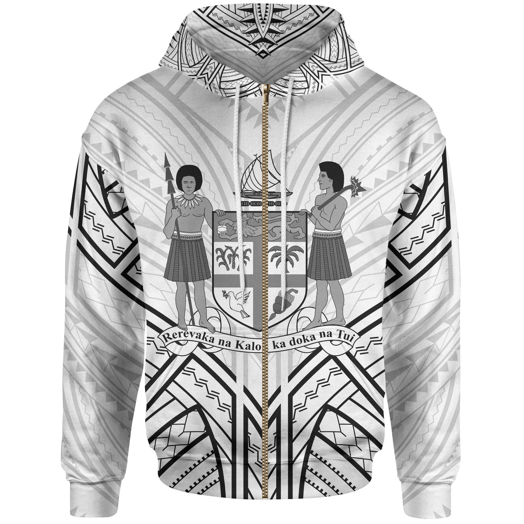 Fiji Zip Hoodie Fiji Seal Tribal Patterns Unisex White - Polynesian Pride