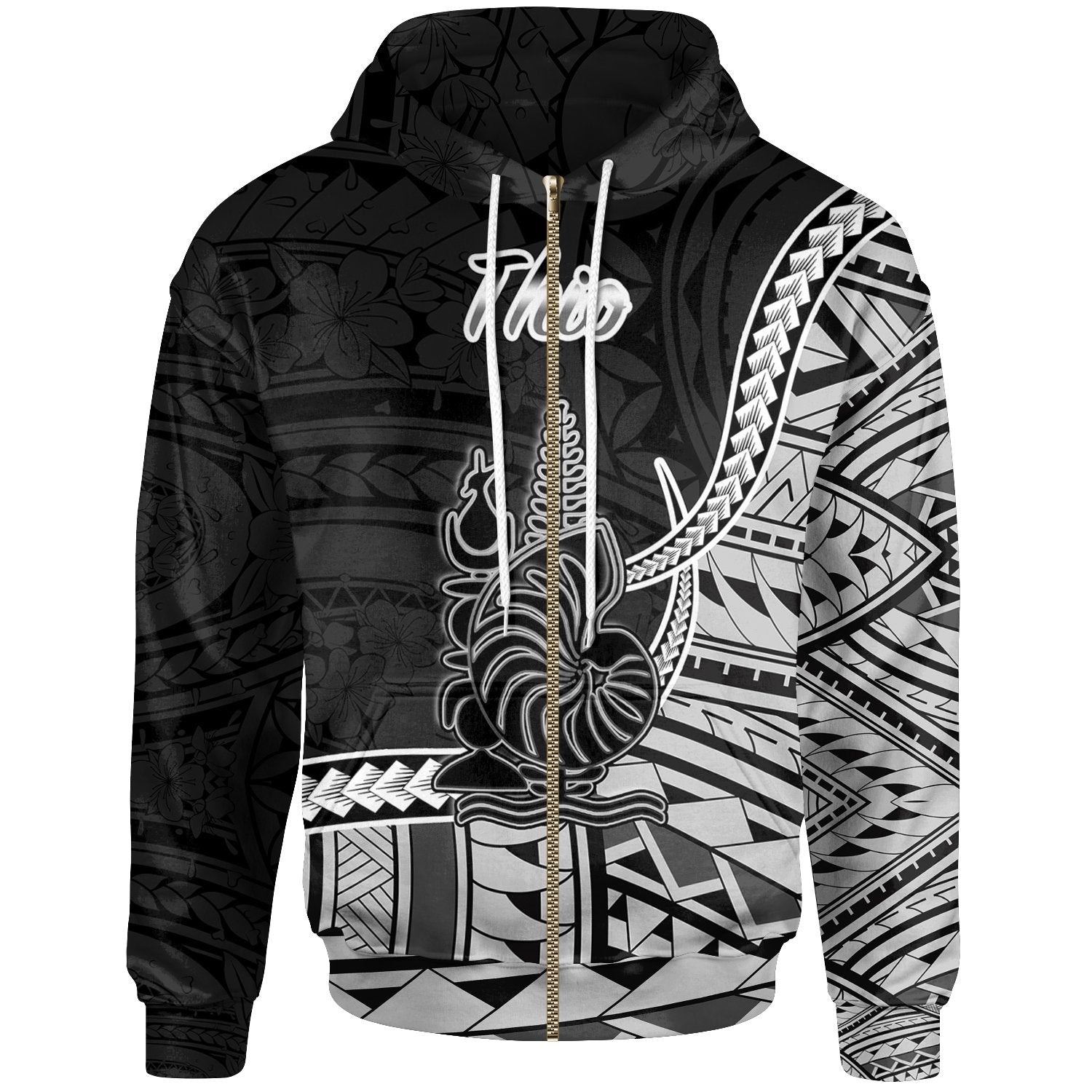 New Caledonia Islands Zip Hoodie Thio Seal of New Caledonia Polynesian Patterns Unisex Black - Polynesian Pride