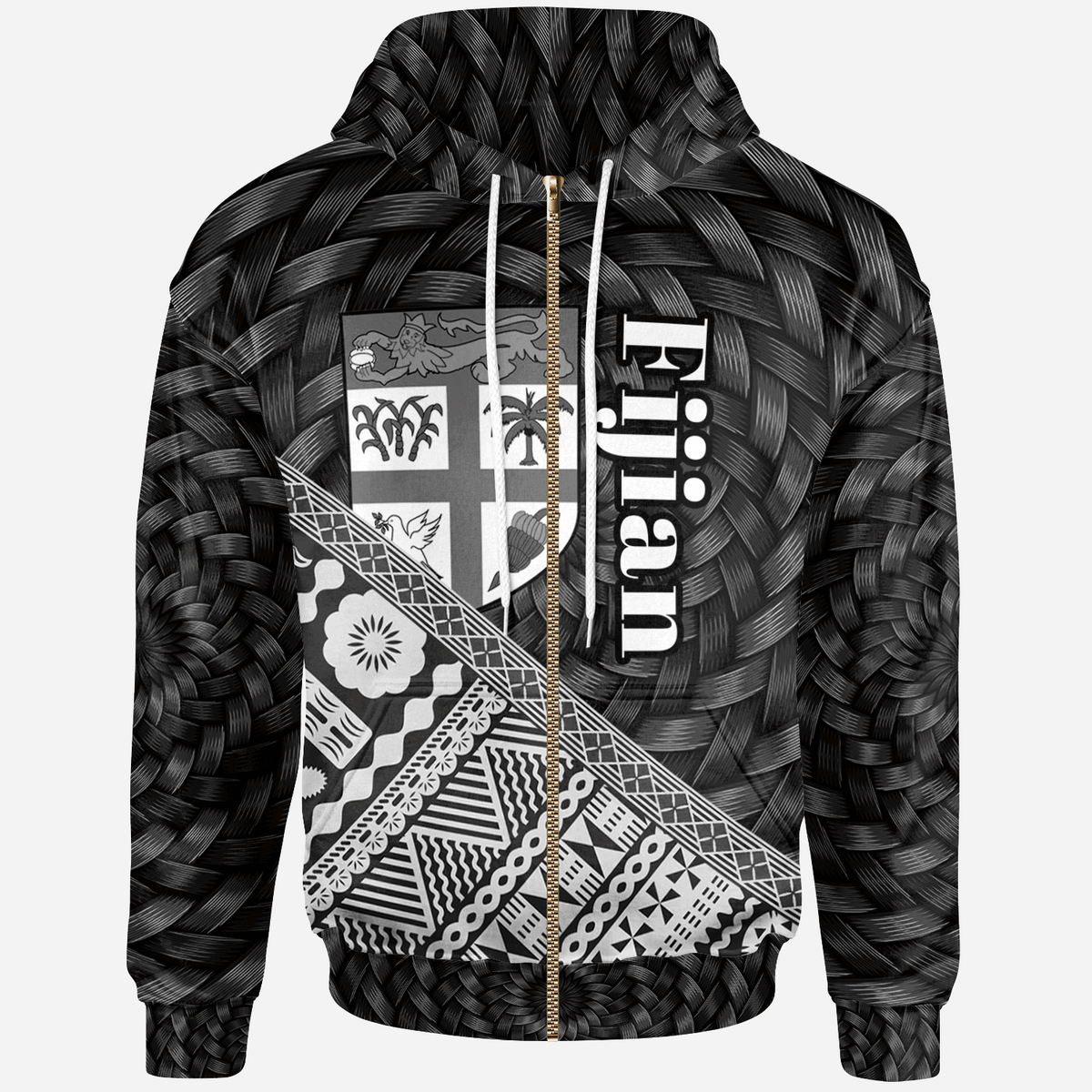Fiji Zip Hoodie Black Tapa Patterns With Bamboo Unisex Black - Polynesian Pride