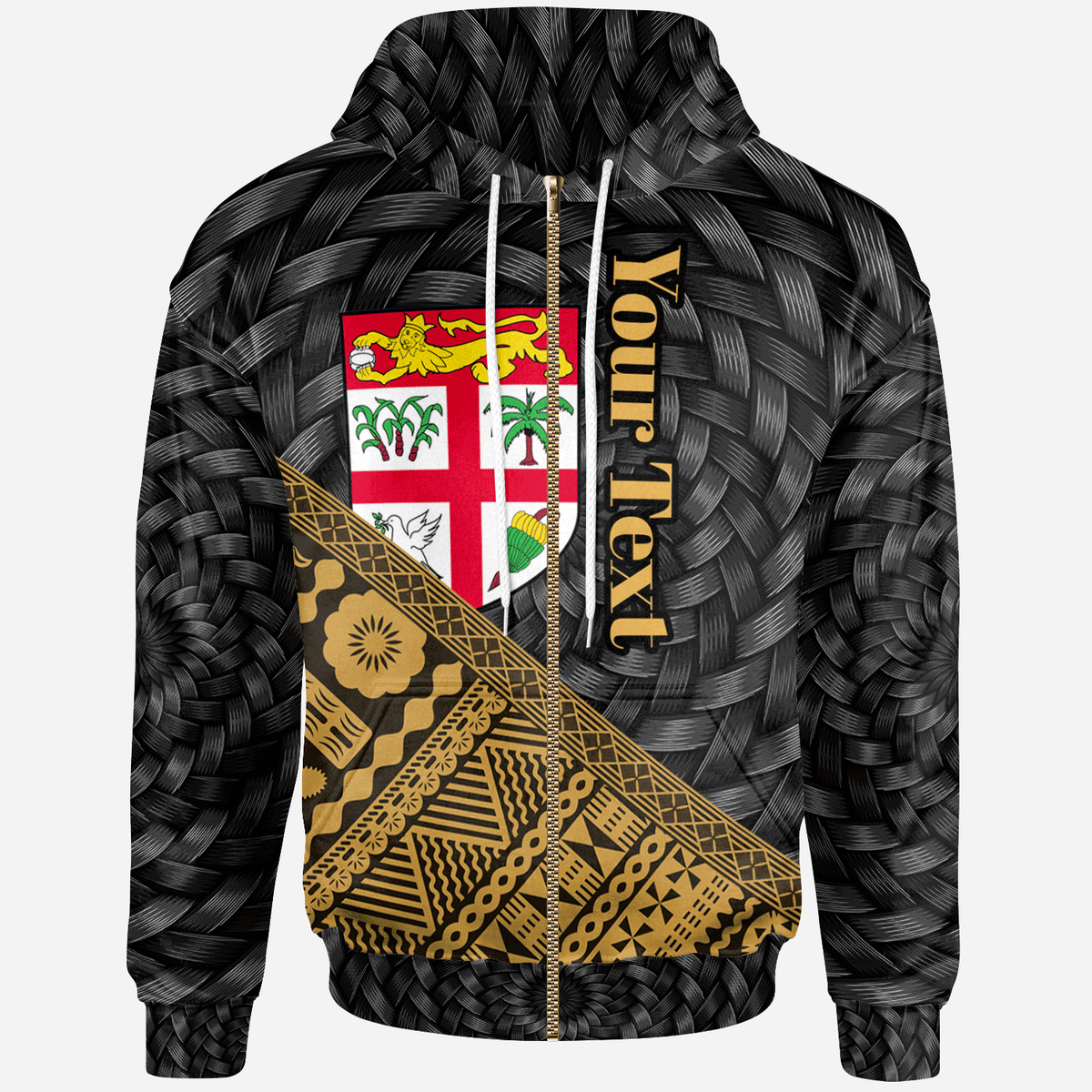 Fiji Zip Hoodie Custom Gold Tapa Patterns With Bamboo Unisex Black - Polynesian Pride