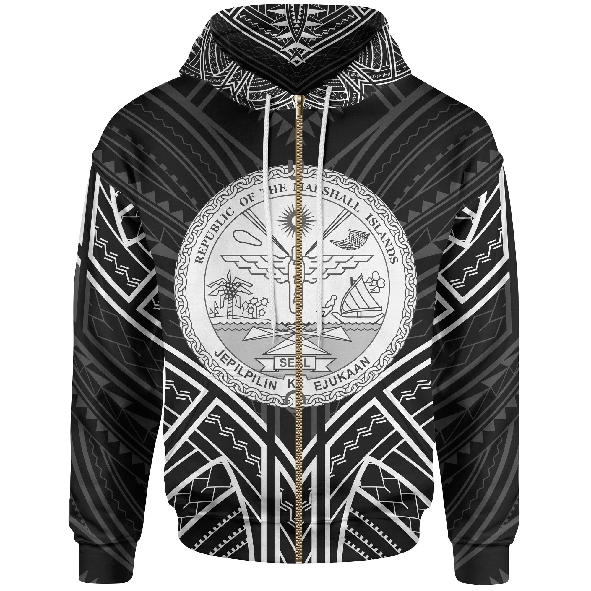 Marshall Islands Zip Hoodie Marshall Islands Seal Black Tribal Patterns Unisex White - Polynesian Pride