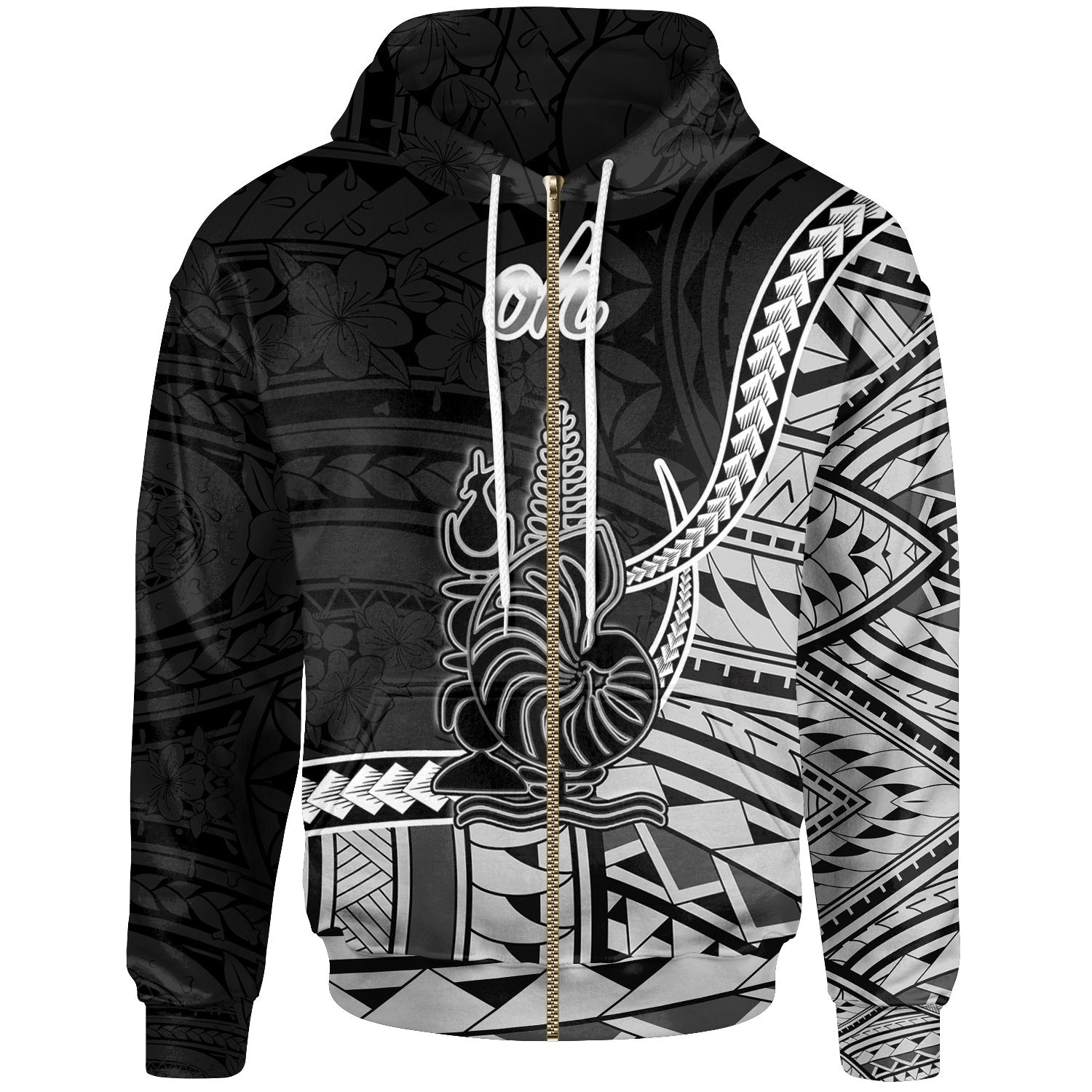 New Caledonia Islands Zip Hoodie oh Seal of New Caledonia Polynesian Patterns Unisex Black - Polynesian Pride