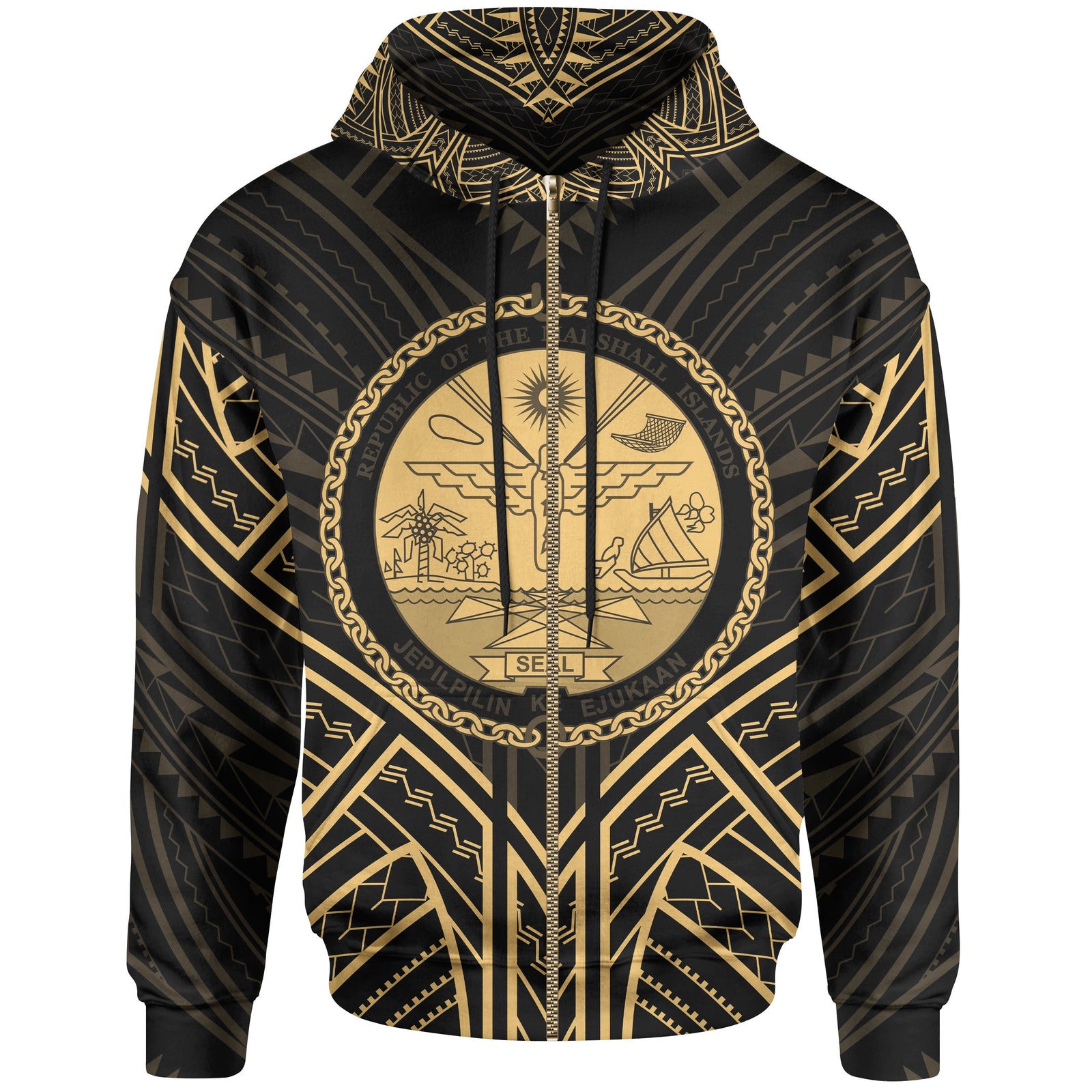Marshall Islands Zip Hoodie Marshall Islands Seal Gold Tribal Patterns Unisex White - Polynesian Pride