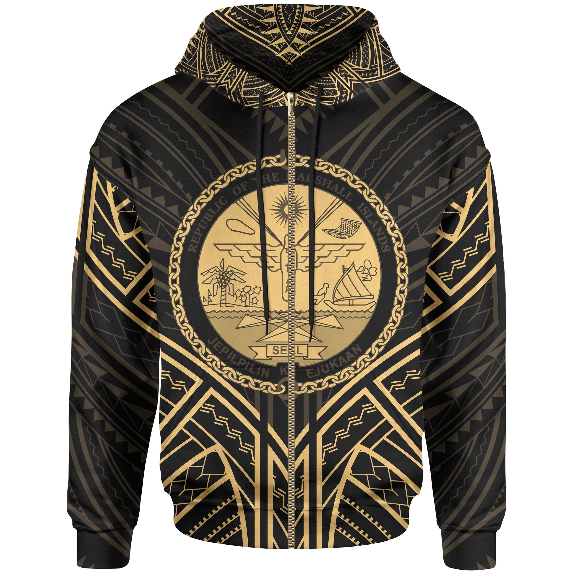 Marshall Islands Zip Hoodie Marshall Islands Seal Gold Tribal Patterns Unisex White - Polynesian Pride