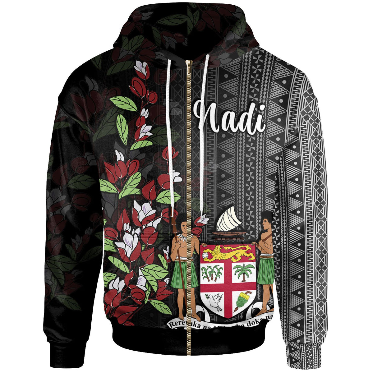 Fiji Zip Hoodie Nadi Tagimaucia Flowers Unisex Black - Polynesian Pride