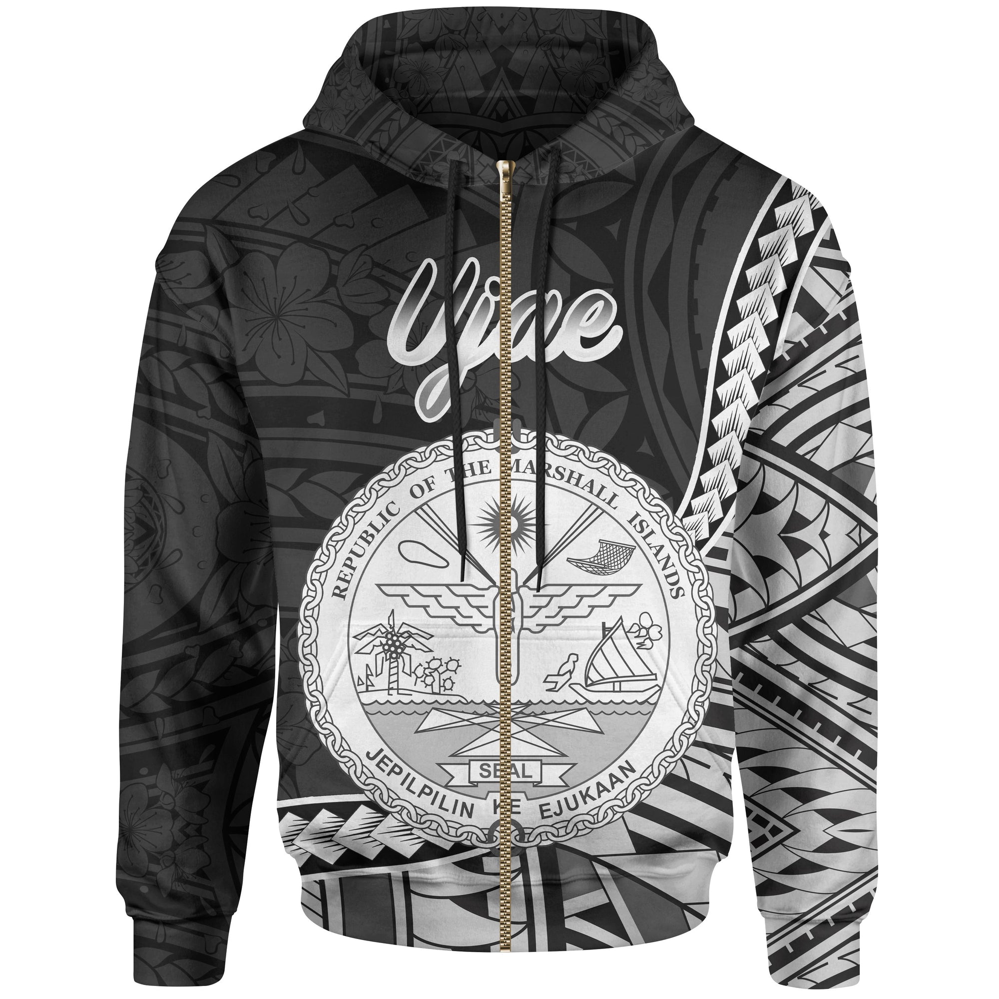 Marshall Islands Zip Hoodie Ujae Seal of Marshall Islands Polynesian Patterns Unisex Black - Polynesian Pride