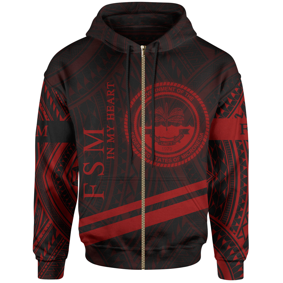 Federated States of Micronesia Zip Hoodie In My Heart Style Red Polynesian Patterns Unisex Black - Polynesian Pride