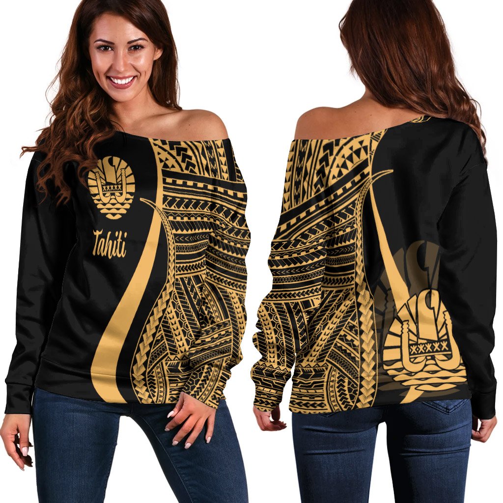 Tahiti Women's Off Shoulder Sweater - Gold Polynesian Tentacle Tribal Pattern Gold - Polynesian Pride