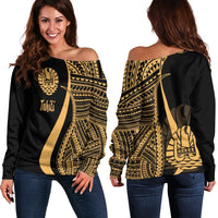 Tahiti Women's Off Shoulder Sweater - Gold Polynesian Tentacle Tribal Pattern Gold - Polynesian Pride