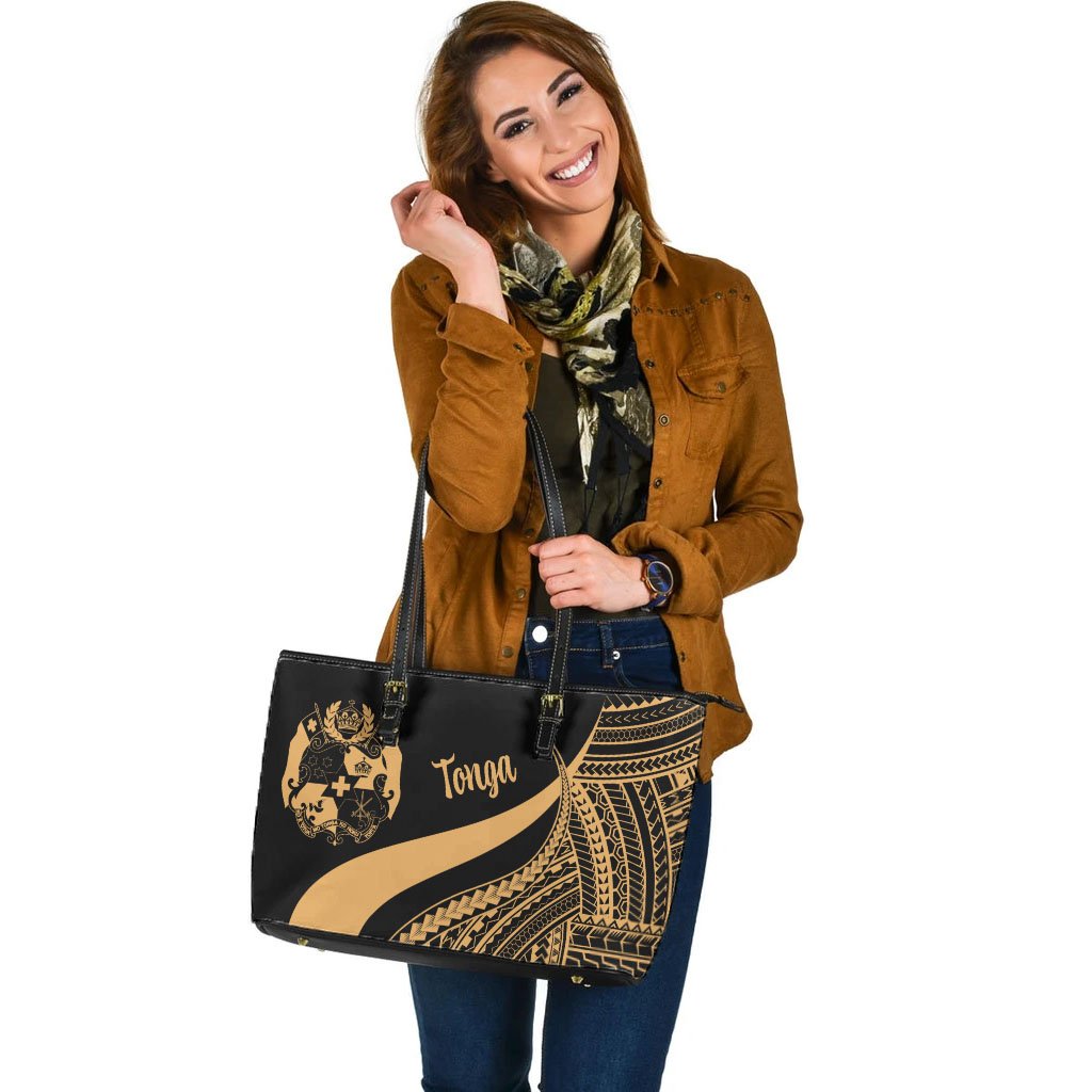 Tonga Large Leather Tote Bagg - Gold Polynesian Tentacle Tribal Pattern - Polynesian Pride