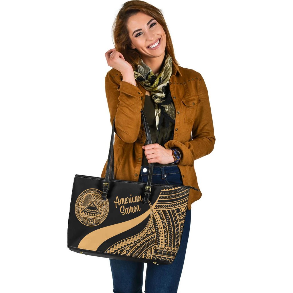 American Samoa Large Leather Tote Bag - Gold Polynesian Tentacle Tribal Pattern - Polynesian Pride