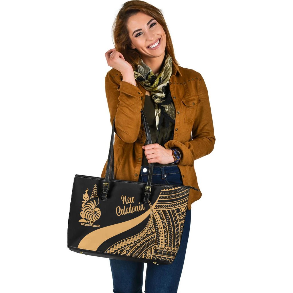 New Caledonia Large Leather Tote Bag - Gold Polynesian Tentacle Tribal Pattern Crest - Polynesian Pride